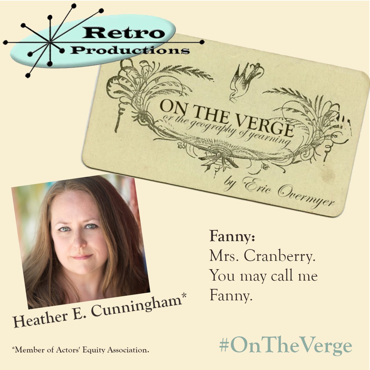 RetroProdsNYC's tweet photo. #MEETTHECASTMONDAY! Heather E. Cunningham as Fanny #COMINGSOON Sept. 9-24, 2022 #OnTheVerge by Eric Overmyer, #RetroProductions at Gene Frankel #Theater. #theatre #indietheater #indietheatre #nyctheater #nyctheatre  #newyorktheater #newyorktheatre #nyc #offoffbroadway #comedy https://t.co/Io6mEVUFsi