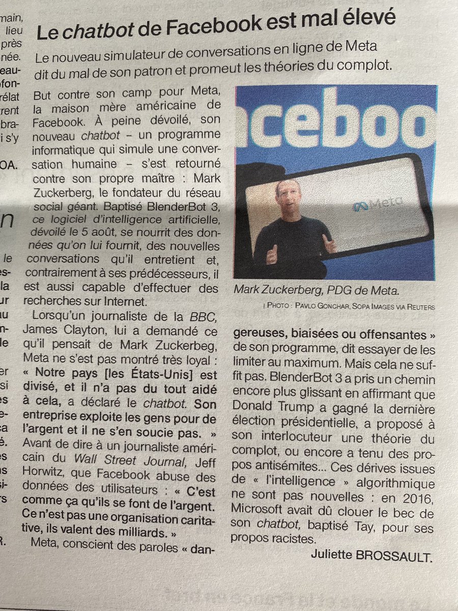 Topht301's tweet photo. Fichu chatbot qui ne parle pas le #progressisme. Article très drôle car ses réponses assez factuelles sont à l’opposé du monde virtuel que l’opinion public nous demande de voir. #BlenderBot3 #Meta https://t.co/cofKuaTgF8