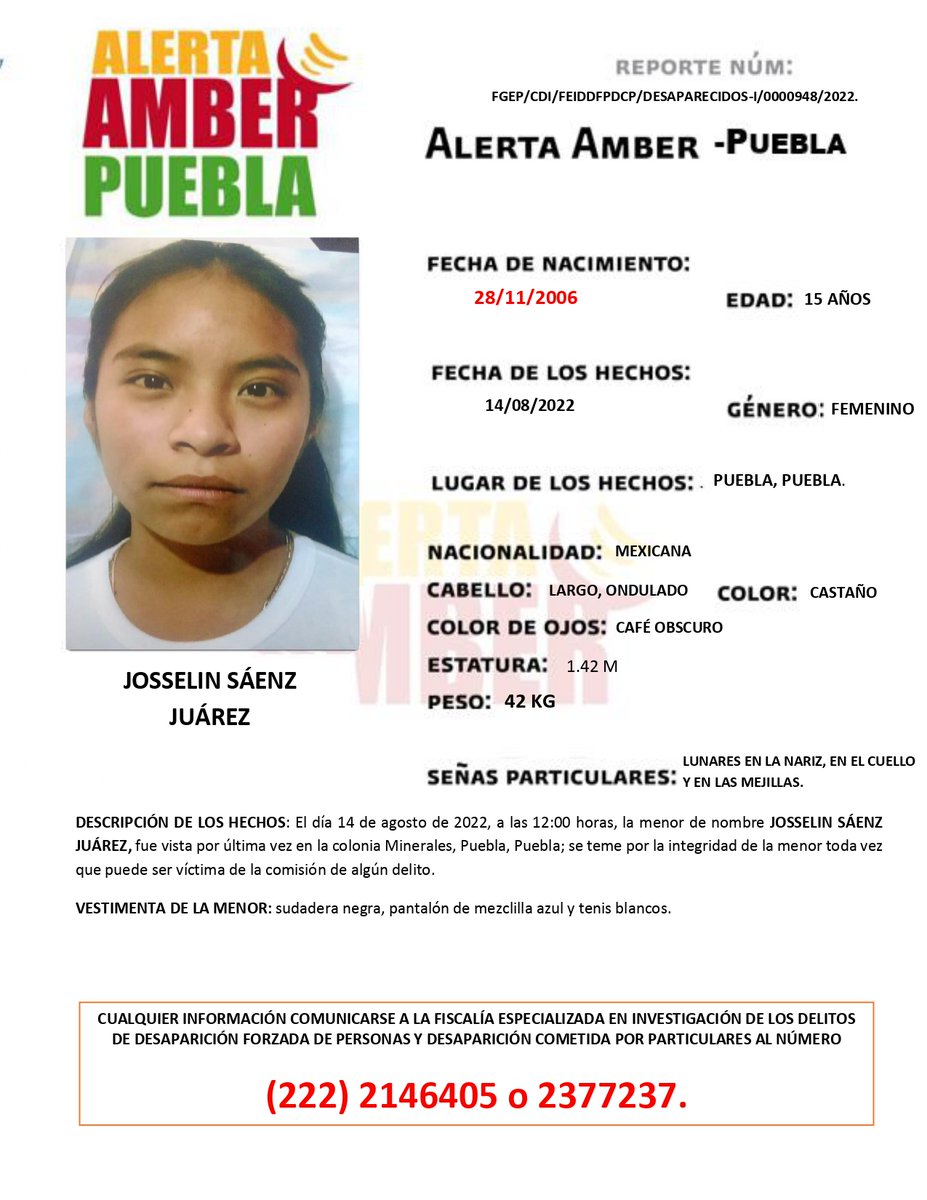 aamber_pue's tweet photo. #AlertaAmber | Solicitamos su apoyo y RT para la búsqueda y localización de la adolescente JOSSELIN SÁENZ JUÁREZ, de 15 años de edad.

Fue vista por última vez en la colonia Minerales, Puebla, Puebla. https://t.co/vdx2seCf6A