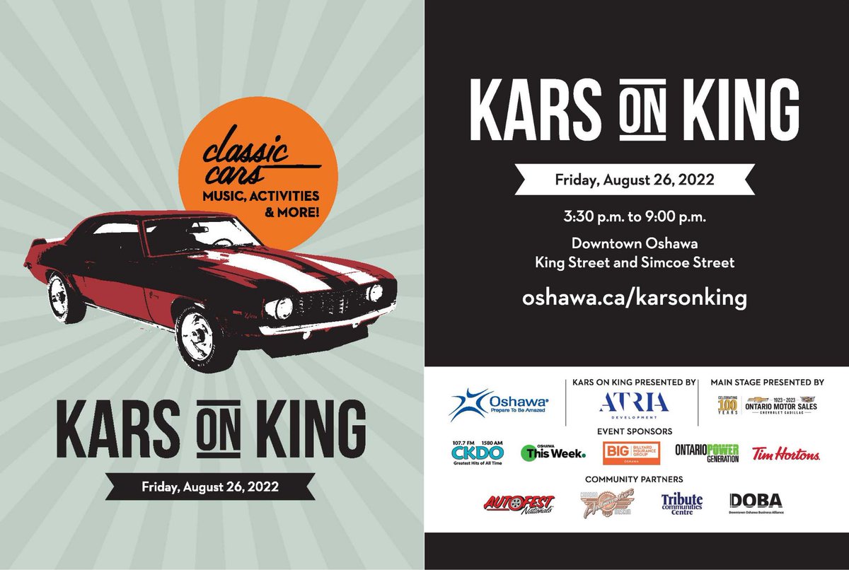 OshawaCulture's tweet photo. Love classic cars and family fun? The City of Oshawa presents Kars on King 3:30 p.m. to 9 p.m.  Friday, August 26. This free event features live entertainment, a family zone, busking acts &amp; classic cars. For event details visit https://t.co/liLmqF5etC #KarsonKing https://t.co/j7f8rk98vB