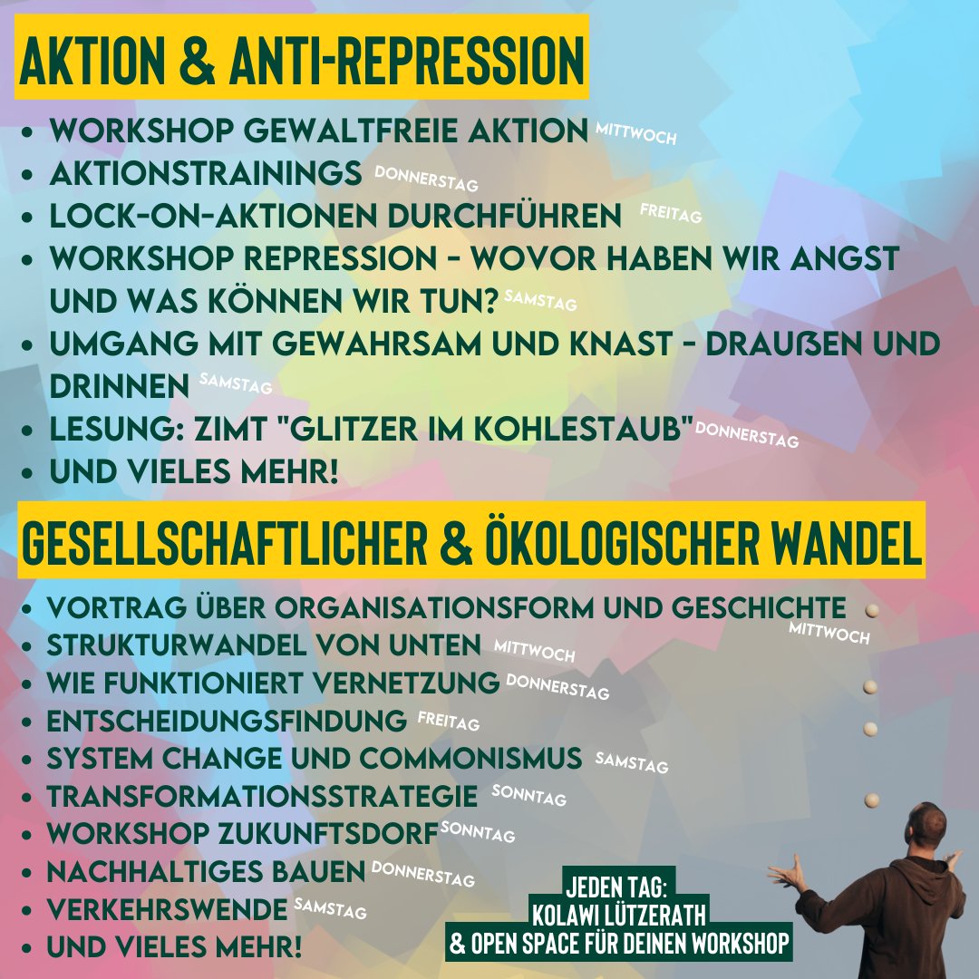 klimacamp's tweet image. Programm Teaser für das Klimacamp X Lützerath vom 24.8. - 28.8.🎪🌻💥🎨