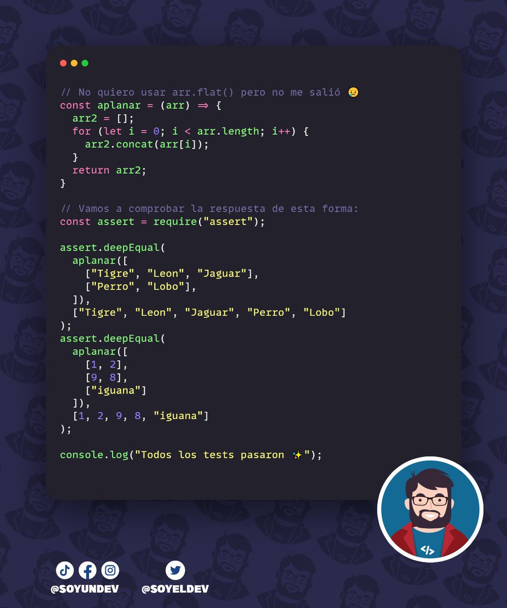 soyeldev's tweet image. ¡Vamos por un nuevo challenge! 💻🏆

Esta vez Deiv el dev quería aplanar un array pero como es testarudo no quiso utilizar el método &quot;flat()&quot; y no pudo resolverlo.

Les dejamos el Gist resuelto pero no hagan trampa.

gist.github.com/garaekz/4260a4…

#challenge #javascript #programacion