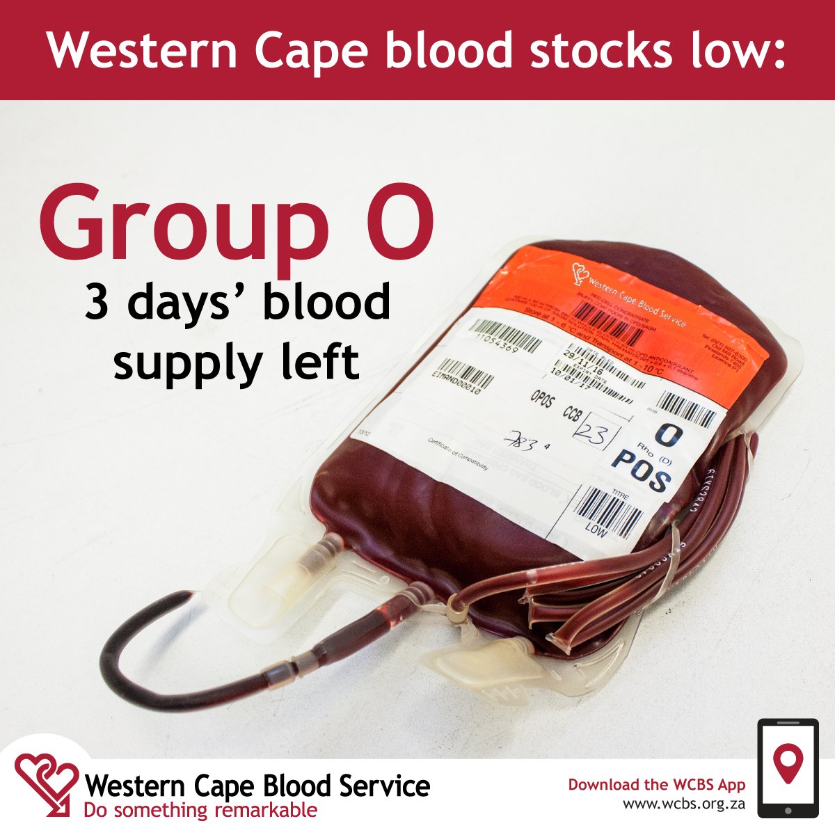 The_WCBS's tweet photo. We currently have 3 days' blood supply left for group O blood types. Please find your closest blood donation clinic on our website and help us get back to a 5-day blood supply. https://t.co/L7nOJSvMuh

#WesternCape #CapeTown #theWCBS https://t.co/Te2wm3nbrJ