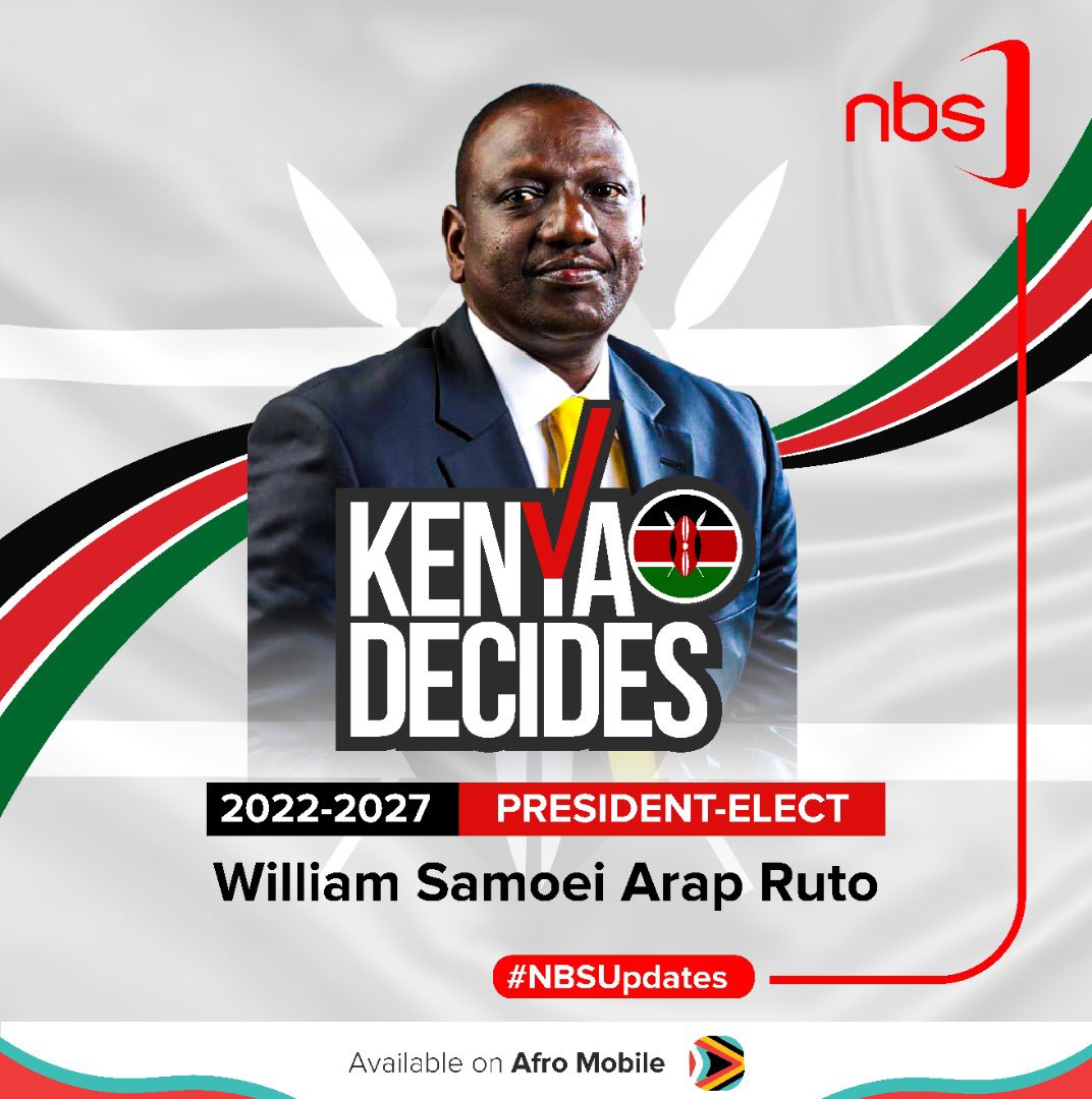 CanaryMugume's tweet photo. #Breaking: William Ruto is President-elect for Kenya, IEBC announces. 

Ruto - 7,176,141 representing 50.49% 
Odinga - 6,942,930 representing 48.85%

@nbstv #KenyaDecides https://t.co/M1peGZGpSo