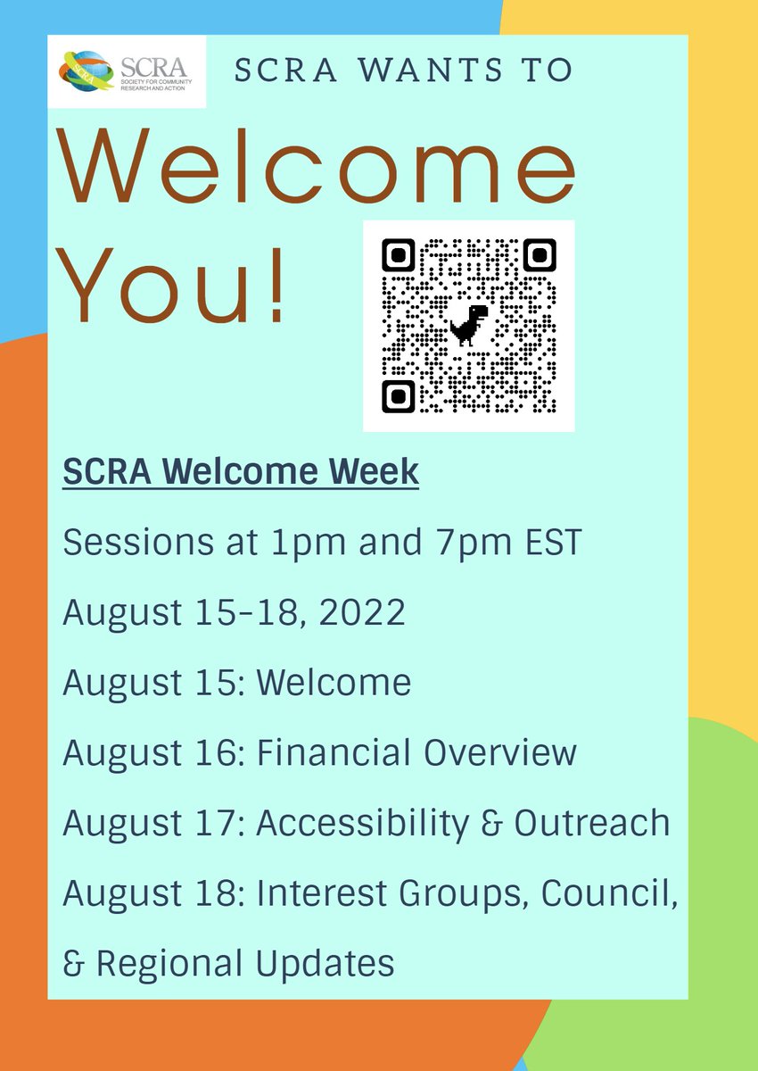 scra's tweet photo. SCRA Welcome Week begins today. Join us daily through Thursday at 1pm and 7pm PST #communitypsychology #div27 https://t.co/7sGZ4J7SnD