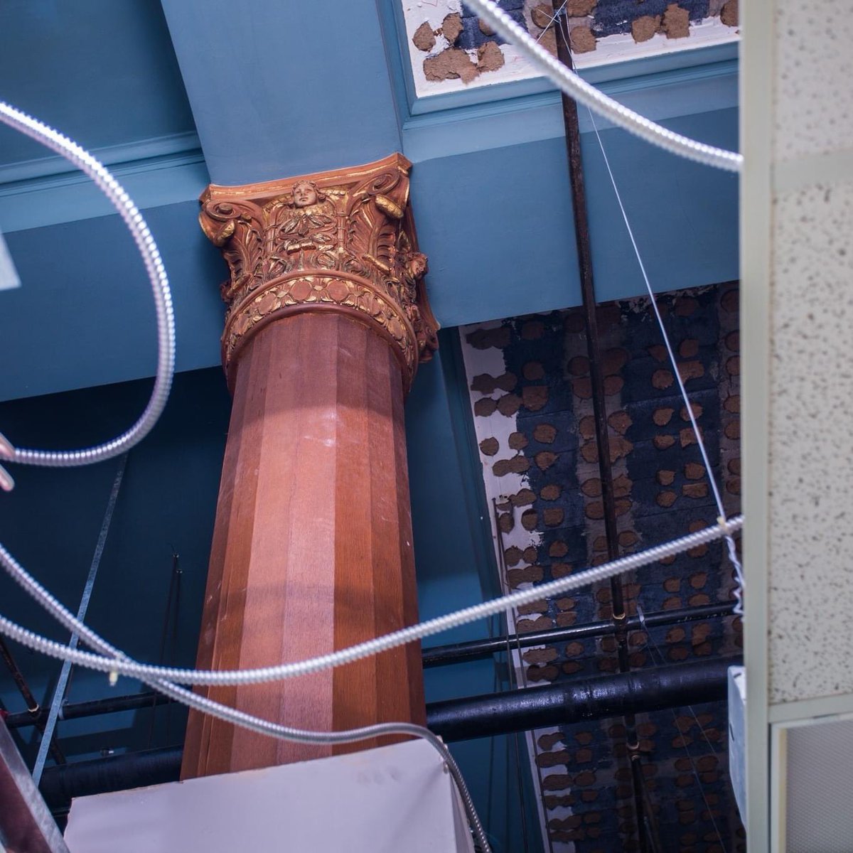 PBCENV's tweet photo. Look at what our team found during the demolition work at the old former Mercy Hospital redevelopment project. Remnants of an old Chapel were hidden above ceilings, in walls, and under floors. PBCE has extensive experience in historic property demolition and dismantling. #demo https://t.co/hjpFnJQOFr