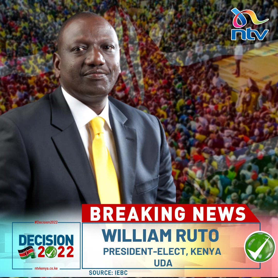 BREAKING: William Ruto is the President-elect after getting 50.49% of the total votes cast, IEBC announces

#Decision2022 #KenyaElections2022