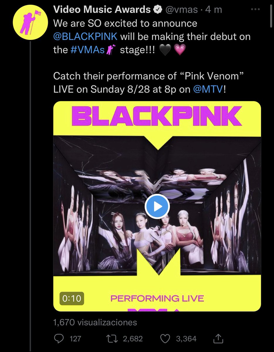 BPINKLATINO's tweet photo. ¡¡¡OMG  @BLACKPINK hará su debut en el escenario #VMAs  !!! 🖤💗

¡Mira su presentación de “Pink Venom” EN VIVO el domingo 28/8 a las 8 p.m. en @MTV ! 

PINK VENOM COMING THIS FRIDAY
#3DaysToPINKVENOM
@BLACKPINK https://t.co/Uf5xrL6GSL