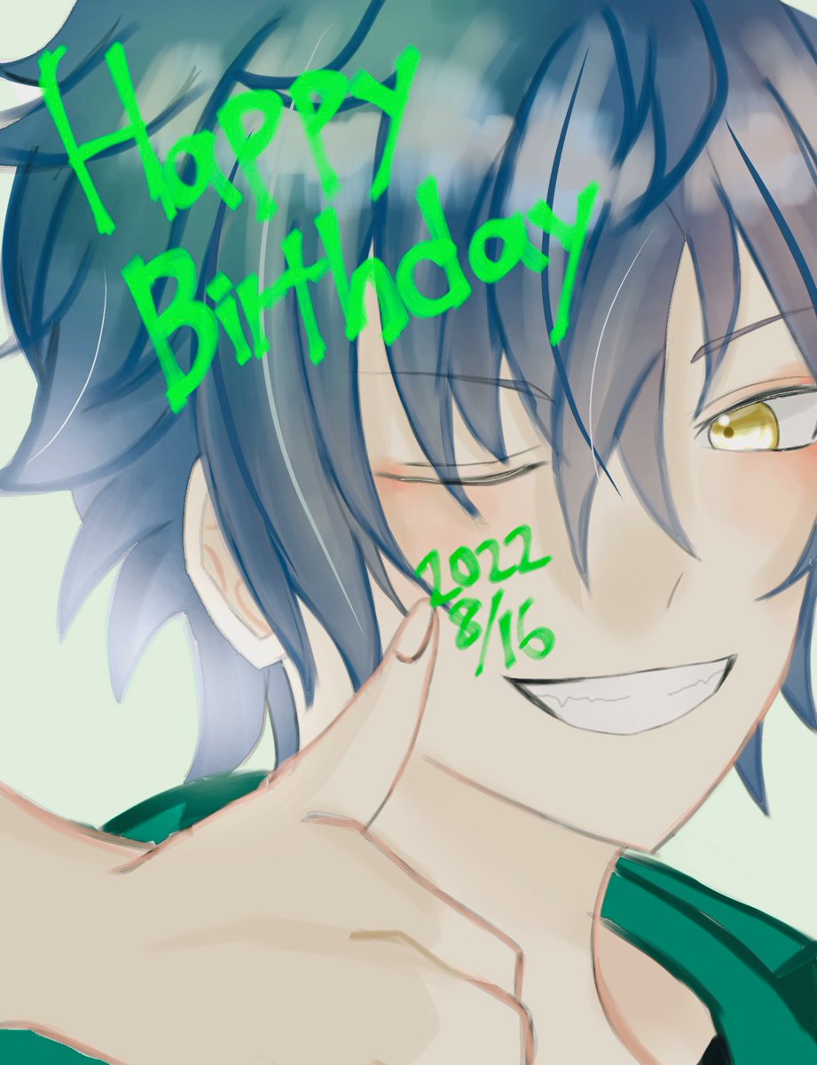 1boy male focus happy birthday smile one eye closed solo yellow eyes  illustration images