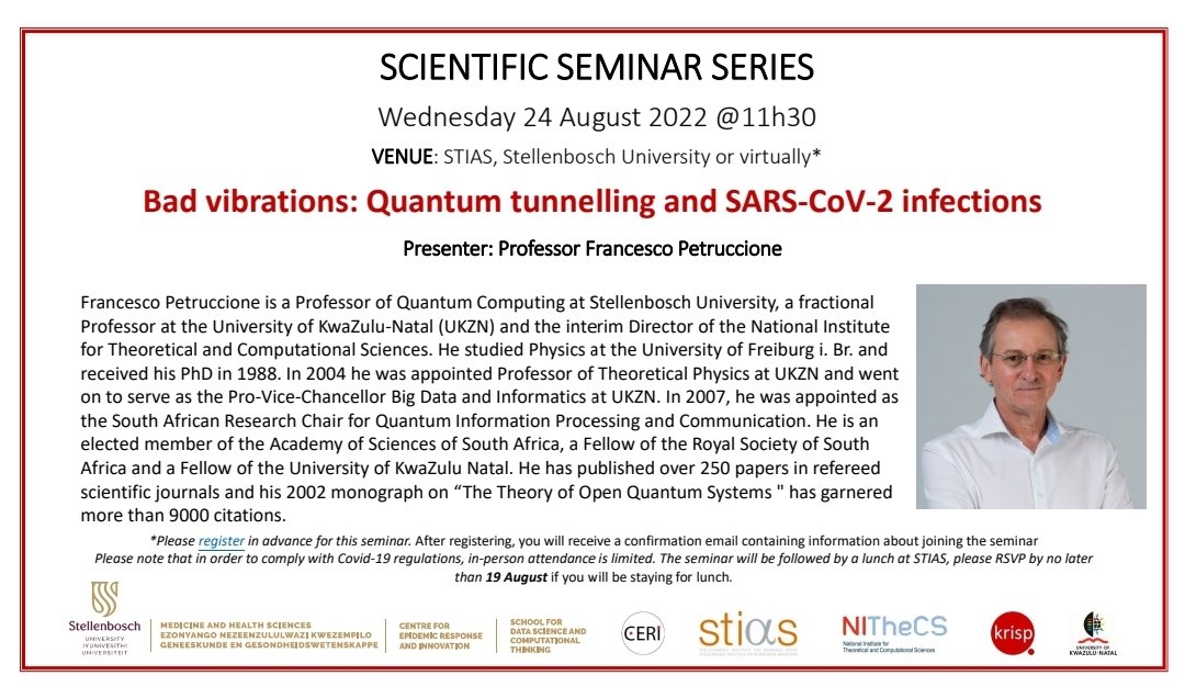 ceri_news's tweet photo. **📢 REGISTER NOW**

Join us for the next, fascinating installment of our scientific seminar series with @petruccione!

In-person or online -  https://t.co/tJlTnQq6Jd

@STIAS_SA @krisp_news
@NITheCS @SUDataSchool
@SUhealthsci @UKZN https://t.co/T6ntv6fI9x