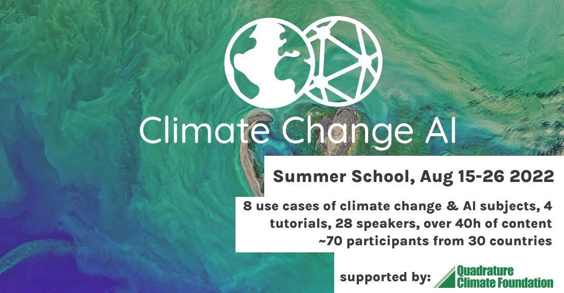 ClimateChangeAI's tweet photo. The 2022 @ClimateChangeAI summer school is starting today! Over the next two weeks, ~70 participants will learn about different fields at the intersection of #ClimateChange &amp; #AI. Sound exciting? We’ll release recordings in the following weeks, so stay tuned! 🎉 https://t.co/TBxtFYug9P