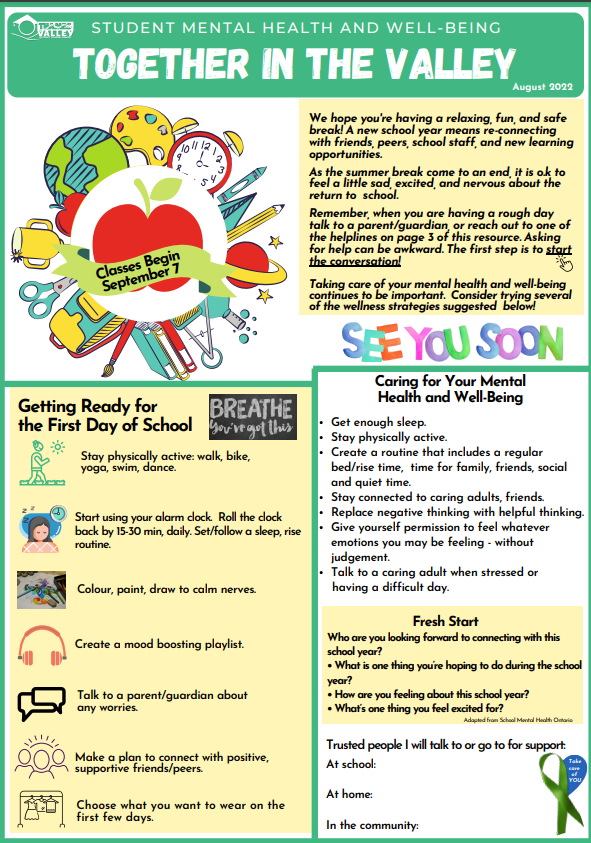 TVDSBcares's tweet photo. Hey @TVDSB Students! As you prepare to return to school in September, remember to plan for your mental health &amp; well-being- check out the "In the Valley" newsletter which includes resources and information for you! https://t.co/sSIO24TRIK