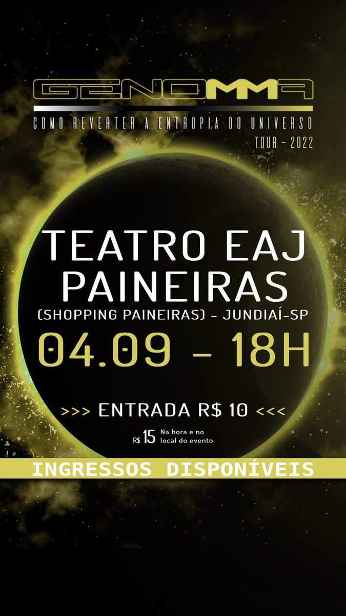 genomma_rock's tweet photo. > INGRESSOS DISPONÍVEIS! <
Você já pode garantir o seu lugar no nosso próximo show! O link está na bio
Dia: 04/08 (domingo)
Local: @teatroeajpaineiras
Abertura dos portões: 17h45
Showtime: 18h
Valor: R$10 (R$15 na hora)
https://t.co/p9GUeJl4K2
#CRAEDUTour #MudarOMundo https://t.co/y1C0WsXLw0