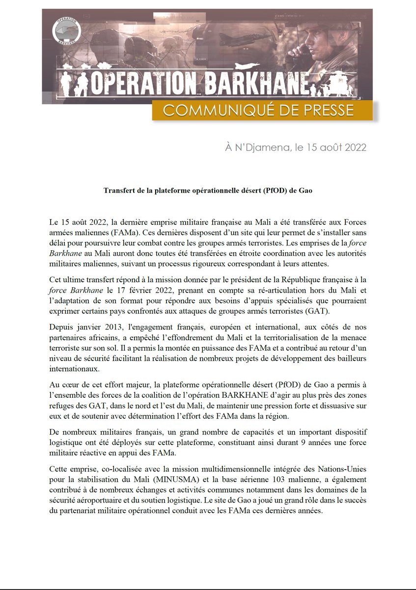 BARKHANE_OP's tweet photo. #Barkhane - Lundi 15 août 2022, l'emprise de #Gao, qui était la dernière base militaire française au #Mali, a été transférée aux @FAMa_DIRPA.
@EtatMajorFR https://t.co/6NZVdN7xsI