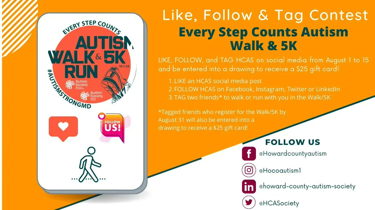autismsocietymd's tweet photo. Don't forget to use this post to Like, Follow, and Tag 2 friends/colleagues to walk or run with you in the Every Step Counts Autism Walk & 5K! All participants who complete all three steps will be entered into a drawing for a $25 gift card!
#AutismStrongMD #HowardcountyAutism https://t.co/SiVyYUK3d9