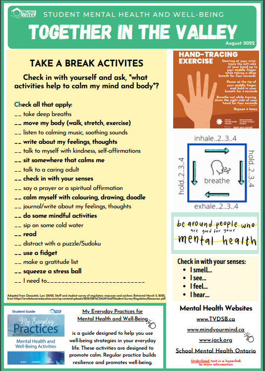 TVDSBcares's tweet photo. Hey @TVDSB Students! As you prepare to return to school in September, remember to plan for your mental health &amp; well-being- check out the "In the Valley" newsletter which includes resources and information for you! https://t.co/sSIO24TRIK