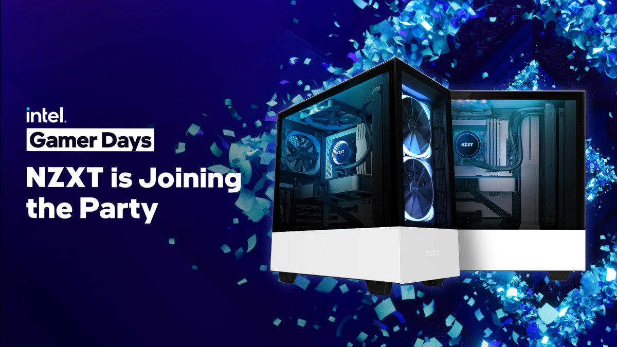 NZXT's tweet photo. NZXT is joining the party! 🎉

We’re participating in #IntelGamerDays to hook you up with product giveaways, video game bundles, exclusive @IntelGaming prebuild PCs, and more!

Sign up to get notified when the festivities begin at https://t.co/WiXCtiWOoD https://t.co/EsgLSyhwAd