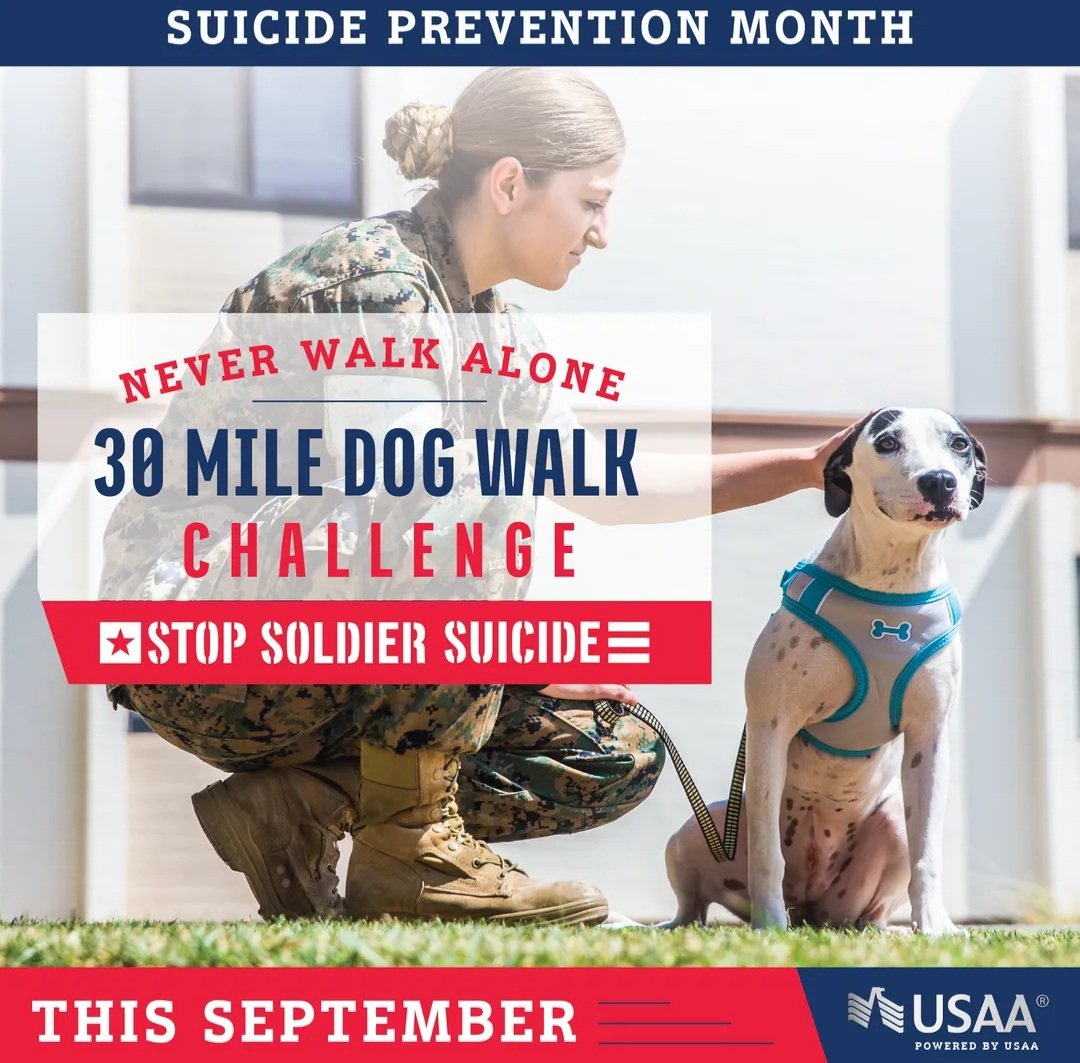 Dog Walk CHALLENGE 👇
It’s simple…  
Get 30 miles done with your dog this September.
Help raise vital funds & fight against military suicide for Suicide Prevention Month!
#dogwalkchallenge 
#SuicidePrevention 
#22until0 #22untilnone