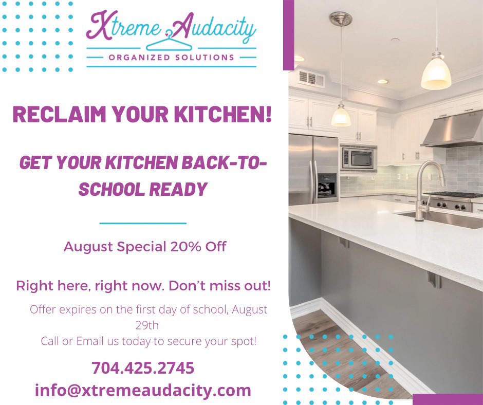 XtremeAudacity's tweet photo. Have you gotten your kitchen "Back2School" ready? Let us help you! 

We are in the business of helping you 🗣Reclaiming Your Kitchen! 

An organized kitchen can bring order to your entire life! Book a consultation today so I can show you how! https://t.co/3faQxkHPZg https://t.co/p9epaEGRVl