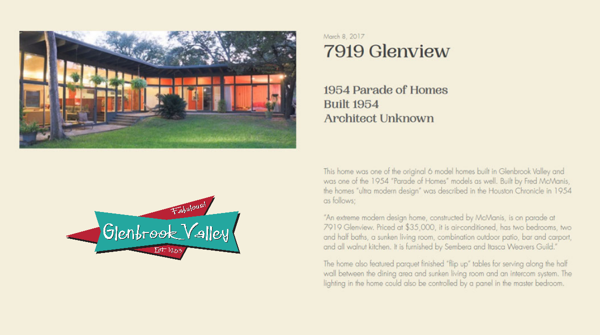 7919 Glenview Dr is a spectacular mid-century modern home and one of the original 6 model homes built in Glenbrook Valley.  In 2013, the current owners were presented with the annual Good Brick Awards honoring Houston's best renovated homes and restored historic buildings. 👏