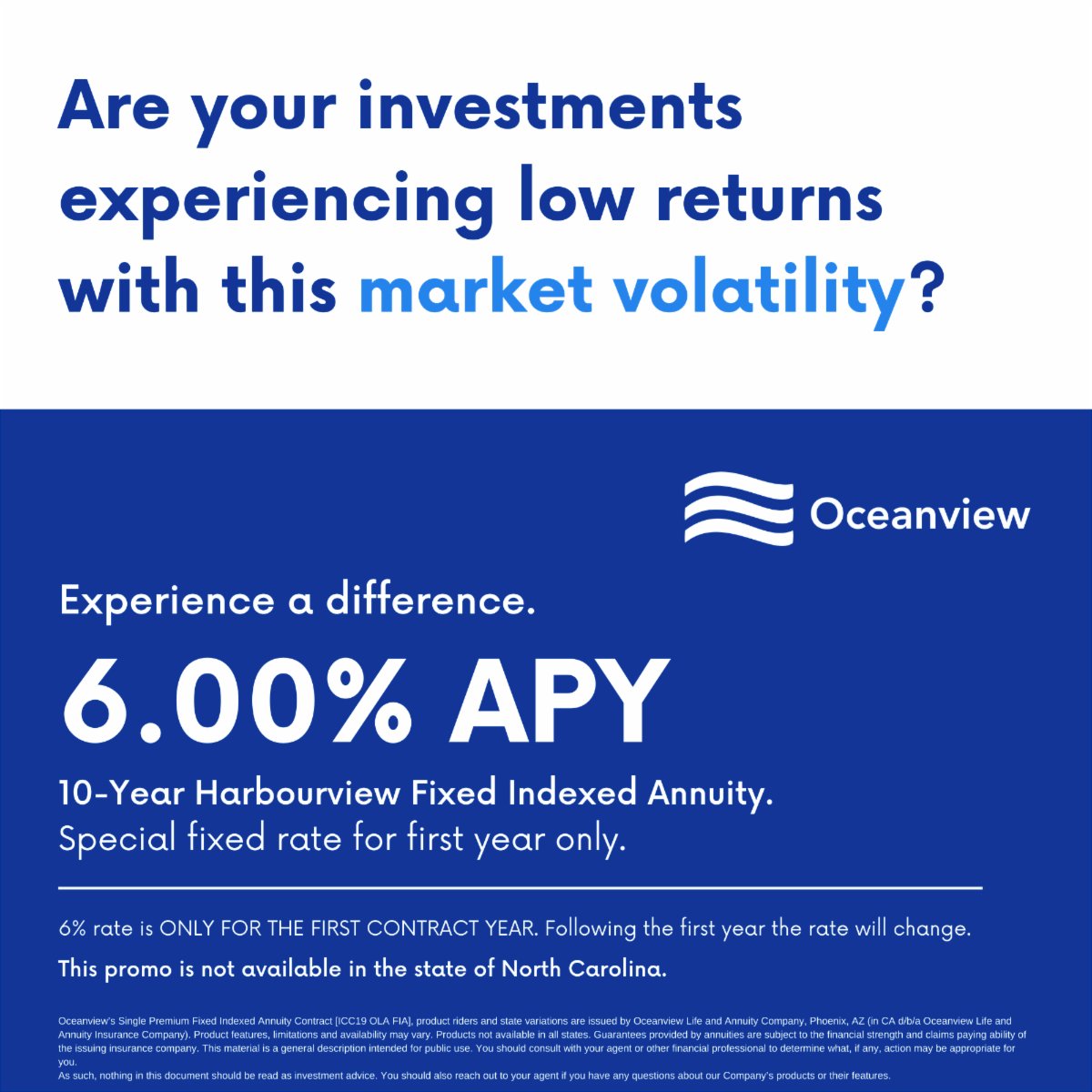 Experience the power of a high fixed rate with the Harbourview 10-Year Fixed Indexed Annuity. 

This special fixed rate is available for the first year only. 

Get started with this special promotion with your financial professional or visit our website at oceanviewlife.com