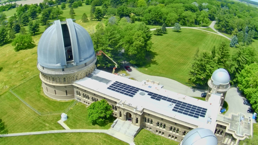 yerkescosmos's tweet photo. Yerkes Observatory, built to look to the sky, now finds a modern power source in our brightest star, the Sun! ☀️ Solar panels now power much of the Observatory with renewable energy. Thank you @Generac & @RENEW_Wisconsin for your support! #cleanenergy Photo: @carlreinemann https://t.co/EIJm2gYWDV