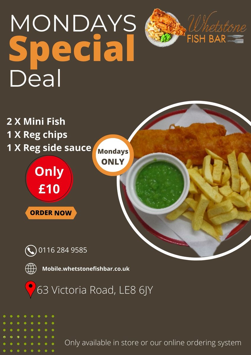 🌟Monday special deal🌟

2 X Mini fish🐟🐟
1 X Reg chips 🍟
1 X Reg side sauce 🍵

only £10

Delivery service available 🚙🚙

Phone orders welcomed ☎️
0116 284 9585 

Only available in store🚶 or our online ordering system 📲

#foodporn #food #foodie #foodstagram #instafood