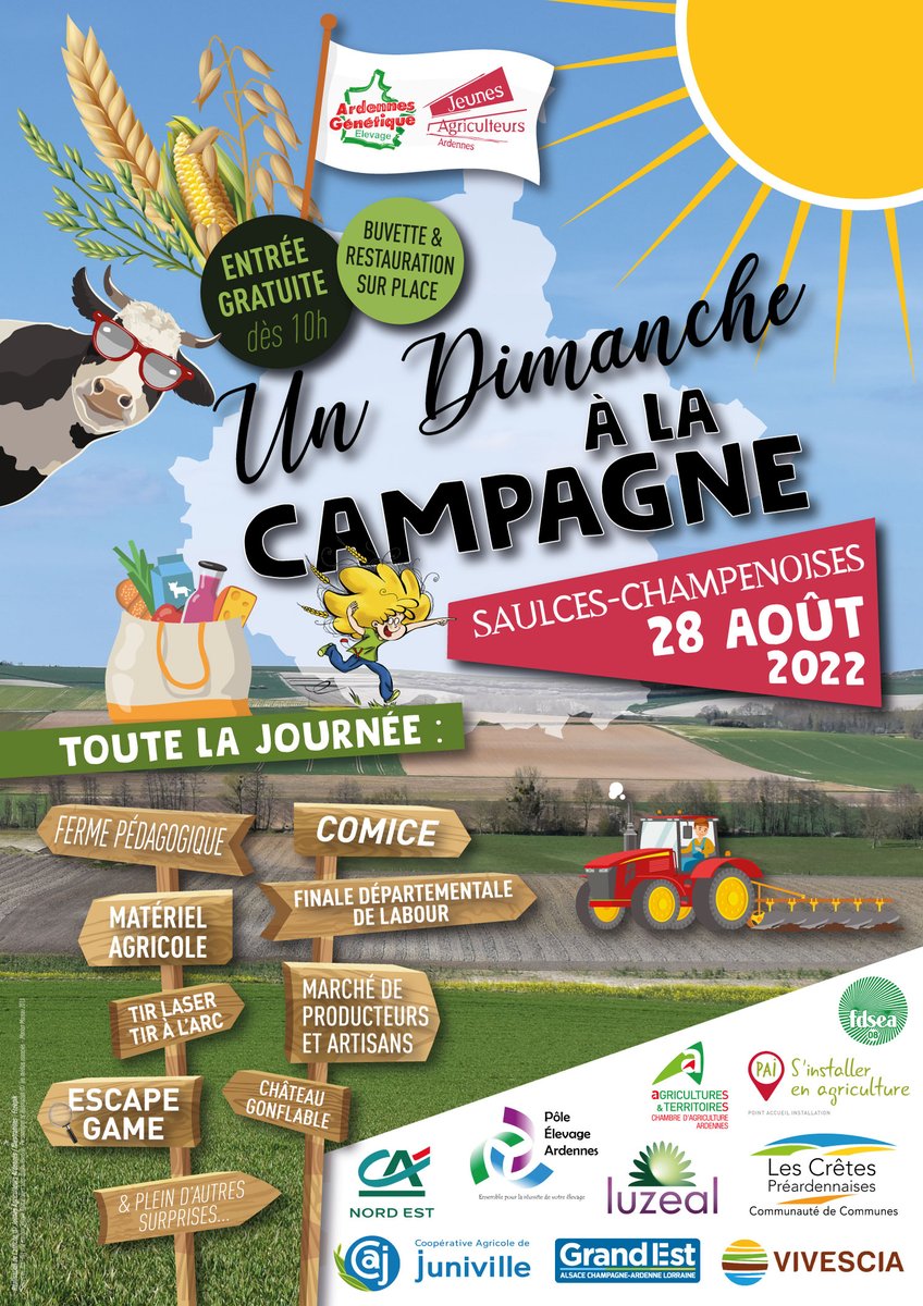 #SaveTheDate 
Fête de l'Agriculture #Ardennes🚜🌱 J-13
➡️ De nombreuses animations toute la journée pour petits &amp; grands !

📅 Dimanche 28 août 2022, dès 10h
📍SAULCES-CHAMPENOISES, Route Communale de Mont-Laurent

À partager sans modération, on vous attend nombreux ! 🥳