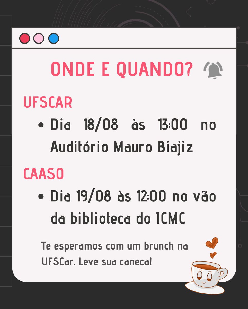 PyLadiesSanca's tweet photo. Hmmm, então você quer ser uma PyLady São Carlos? You can sit with us! ✨💖

Vem ver nosso post no Instagram pra saber mais! <https://t.co/mdsS3i916g>.

#sãocarlos #programação #python #computação #mulheresnati #comunidade https://t.co/NZXkjO5r0f