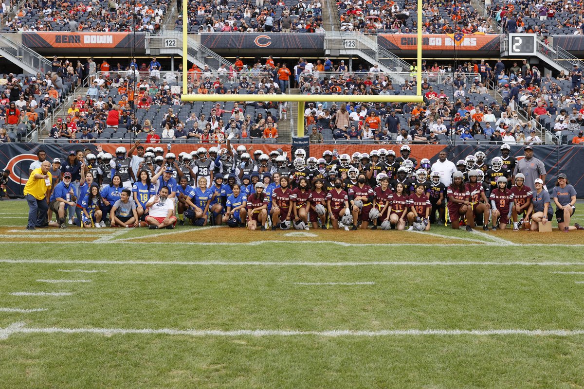BearsOutreach's tweet photo. Thanks to the Back of the Yards &amp; Prosser @CPLAthletics girls high school flag football teams along w/ the Junior Bear tackle football teams from La Follette Park &amp; Lindblom Park for celebrating #PlayFootball Month w/ us at #DaBears game on Saturday.

#KCvsCHI https://t.co/ky1OUbRfrZ