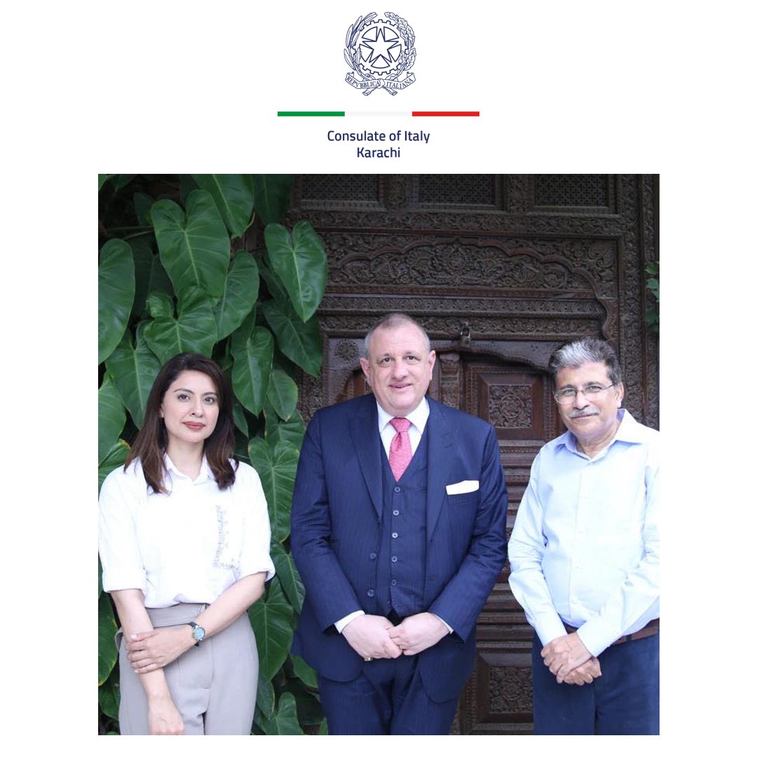 ItalyinKarachi's tweet photo. Group Chief of Aaj News, Mr. Shahab Zuberi and Journalist Sidrah Iqbal met and conversed with H.E. Danilo Giurdanella, Consul of Italy in Karachi and H.E. Andreas Ferrarase, Ambassador of Italy in Islamabad, during his visit to Karachi. #PakItaly #AajNews #ConsulateofItaly https://t.co/TIae8LwT5q