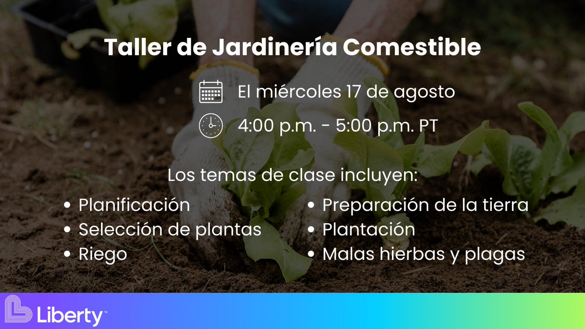 LibertyParkH20's tweet photo. Acompáñanos a un taller virtual gratuito para aprender cómo comenzar su propio jardín comestible. Aprenderá sobre cultivos y cómo la jardinería comestible puede conducir a una vida saludable y promover la sostenibilidad. Registrarse aquí: https://t.co/tmNb9qPXlK https://t.co/Por694tdQy