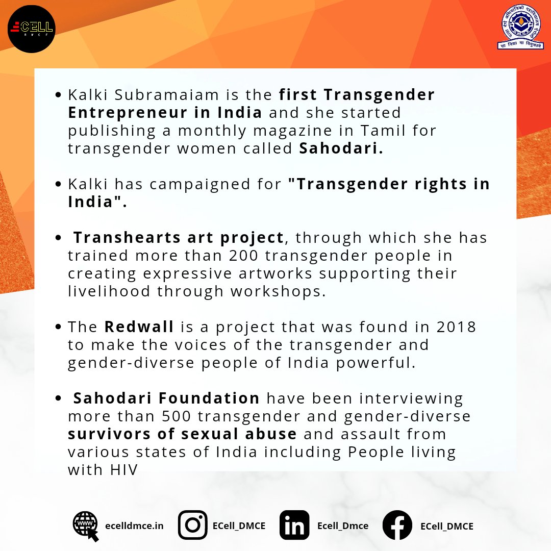 Ecell_DMCE's tweet photo. On this Independence Day ✨🇮🇳 ,
ECELL DMCE pays Tribute to India’s first transgender entrepreneur, we are honoured to introduce founder of "Sahodari Foundation", Kalki Subramanian.
🇮🇳🇮🇳“MOST NOTABLE ENTREPRENEURS OF INDEPENDENT INDIA” 🇮🇳🇮🇳🇮🇳
#IndependenceDay2022 #Entrepreneurship https://t.co/pCzgl9HCrS