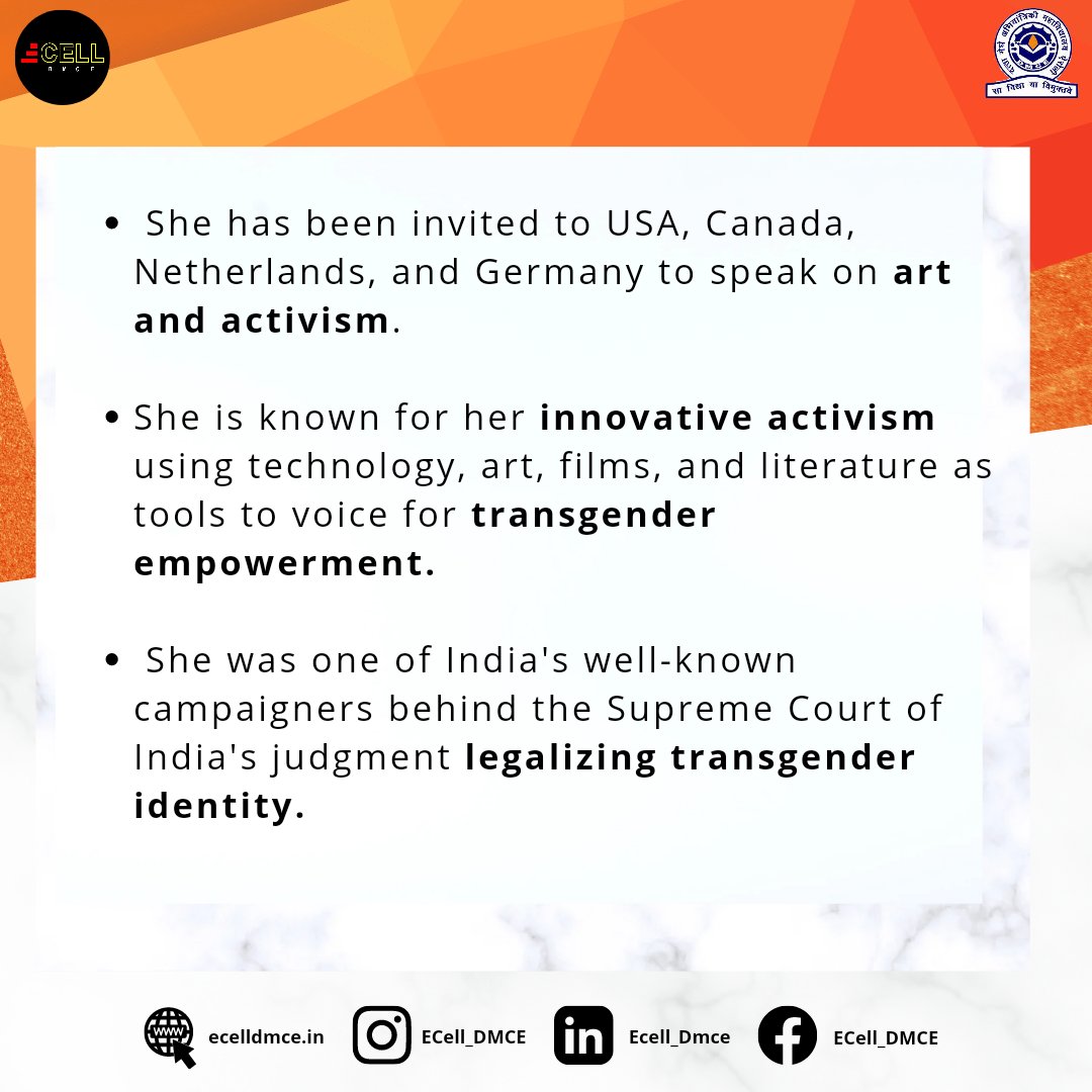 Ecell_DMCE's tweet photo. On this Independence Day ✨🇮🇳 ,
ECELL DMCE pays Tribute to India’s first transgender entrepreneur, we are honoured to introduce founder of "Sahodari Foundation", Kalki Subramanian.
🇮🇳🇮🇳“MOST NOTABLE ENTREPRENEURS OF INDEPENDENT INDIA” 🇮🇳🇮🇳🇮🇳
#IndependenceDay2022 #Entrepreneurship https://t.co/pCzgl9HCrS