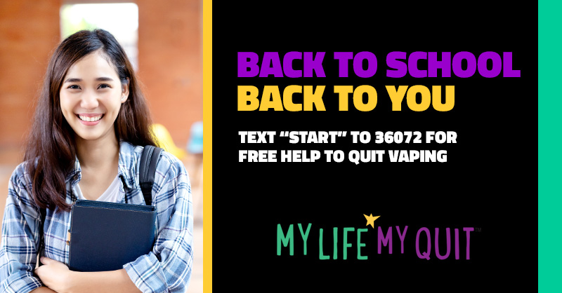 QuitPartner's tweet photo. Start school off right.📚 Get free, confidential help to quit vaping this year at https://t.co/65imByB1HY, or text START to 36072 to get started #QuitSmoking #QuitVaping https://t.co/VicomwdYOu