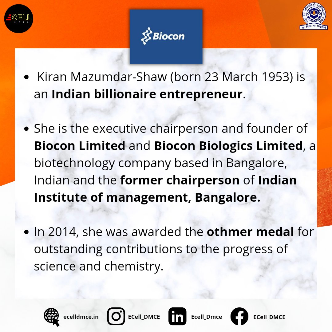 Ecell_DMCE's tweet photo. On this Independence Day ✨🇮🇳 ,
ECELL DMCE pays Tribute to India’s billionaire female entrepreneur, executive chairperson &amp; founder of "Biocon Limited &amp; Biocon Biologics Limited", Kiran Mazumdar
🇮🇳🇮🇳🇮🇳“MOST NOTABLE ENTREPRENEURS OF INDEPENDENT INDIA” 🇮🇳🇮🇳🇮🇳
#IndependenceDay2022 https://t.co/7rmt32QNe7