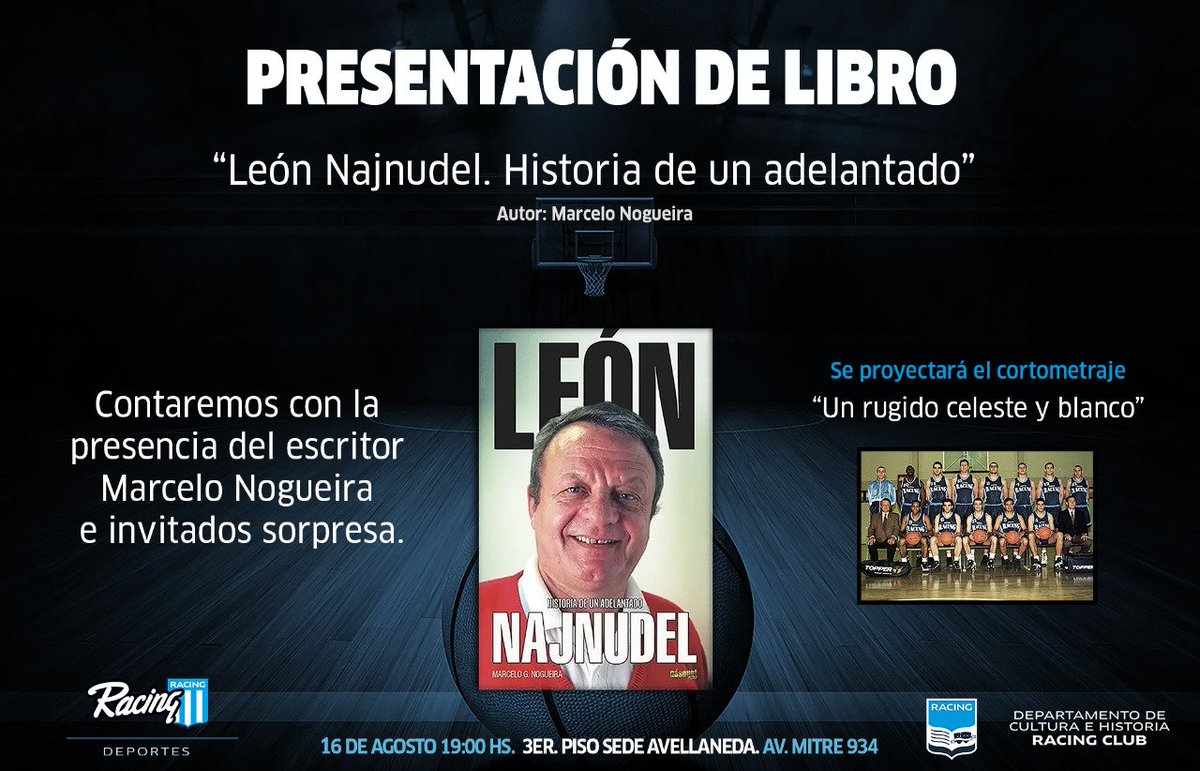 #LeonEnRacing

En la tarde del martes se estará realizando la presentación del libro "León Najnudel, historia de un adelantado" de <a href="/mnogueira14/">Marcelo G. Nogueira</a> y el documental "Un rugido celeste y blanco" de <a href="/DptoCultEHistRC/">Racing Club Dpto Cultura e Historia</a>.

¡Los esperamos a todos en el tercer piso de la sede de Mitre!
