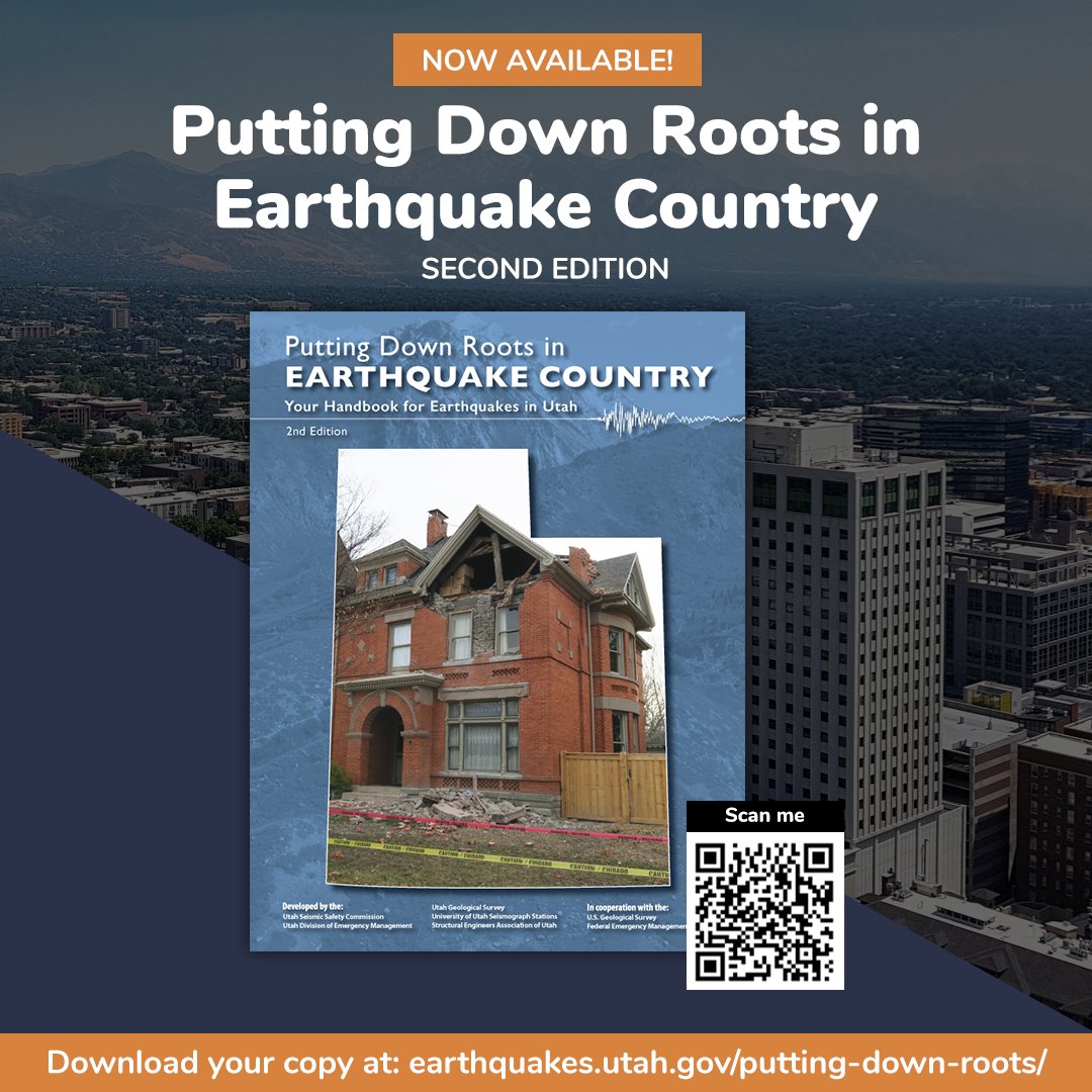 utahgeological's tweet photo. Do you know what to do during an earthquake? Do you know why we have earthquakes in Utah, how we monitor them, and how we mediate their effects? The 2nd edition of Putting Down Roots in Earthquake Country—Your Handbook for Earthquakes in Utah is now here: https://t.co/dO05r5OMSJ https://t.co/DtpNBwnEE9