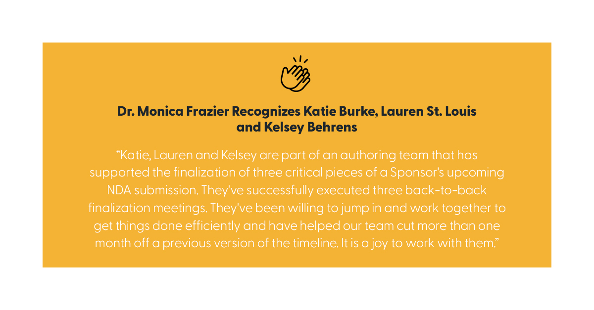rhoworld's tweet photo. Associate Director of Regulatory Strategy Dr. Monica Frazier recognizes Research Scientists Katie Burke, Lauren St. Louis and Kelsey Behrens for their support in finalizing a sponsor's upcoming NDA submission. #LifeAtRho https://t.co/XG1zngRE3b