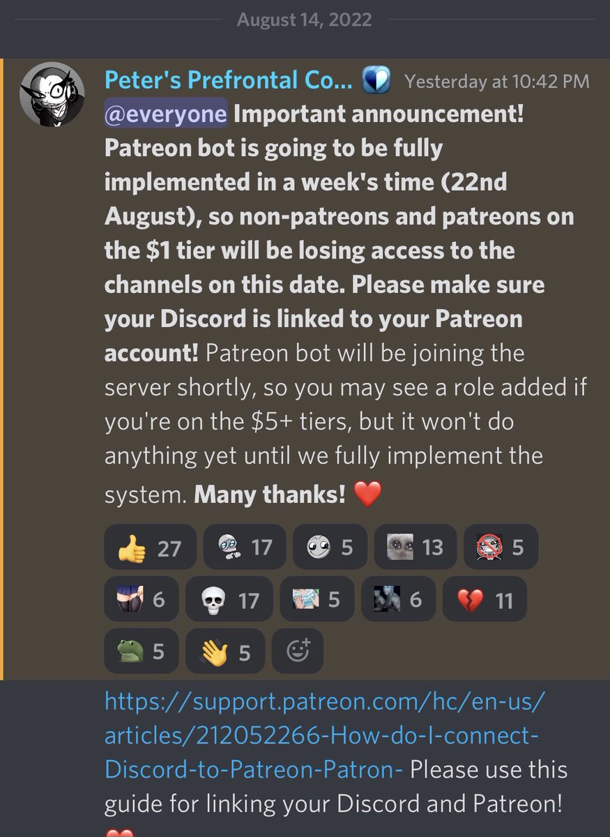 YBFServerLeaks's tweet photo. #2
The Your Boyfriend Server is now forcing those of its members who wish to continue to have access to the server to pay at least $5 for a Patreon Tier instead of $1.

There is a bot that will be put into the server to make sure of this.
#YourBoyfriendGame
#YourBoyfriendPeter https://t.co/N0Pt6kCMC3