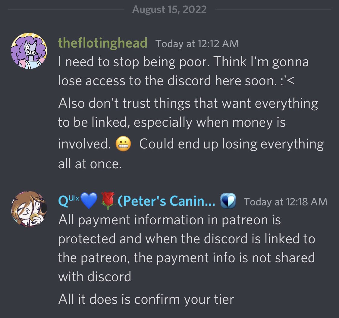 YBFServerLeaks's tweet photo. #2
The Your Boyfriend Server is now forcing those of its members who wish to continue to have access to the server to pay at least $5 for a Patreon Tier instead of $1.

There is a bot that will be put into the server to make sure of this.
#YourBoyfriendGame
#YourBoyfriendPeter https://t.co/N0Pt6kCMC3