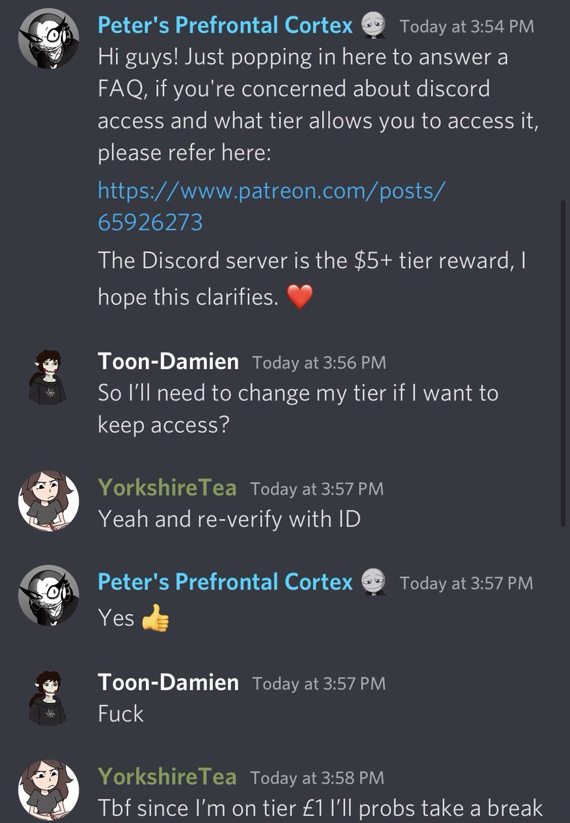 YBFServerLeaks's tweet photo. #2
The Your Boyfriend Server is now forcing those of its members who wish to continue to have access to the server to pay at least $5 for a Patreon Tier instead of $1.

There is a bot that will be put into the server to make sure of this.
#YourBoyfriendGame
#YourBoyfriendPeter https://t.co/N0Pt6kCMC3