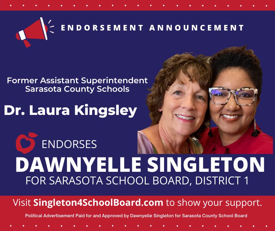 electsingleton1's tweet photo. "Finally, we have an opportunity to elect a candidate who LOVES public school TEACHERS, CHILDREN, and their PARENTS! " ~ Dr. Laura Kingsley
Sarasota, make the right choice and vote for Dawnyelle Singleton. #NoMoreZiegler
 #ElectSingleton #YourVoteYourVoice #EarlyVoting https://t.co/hVkDtymuwb