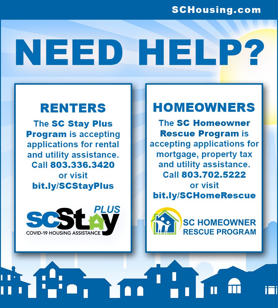 SCStateHousing's tweet image. Are you facing housing instability due to pandemic hardships? Funding is available to help. #SCStayPlus #SCHomeownerRescue 
Find out more about the SC Stay Plus and SC Homeowner Rescue programs at our website: schousing.com