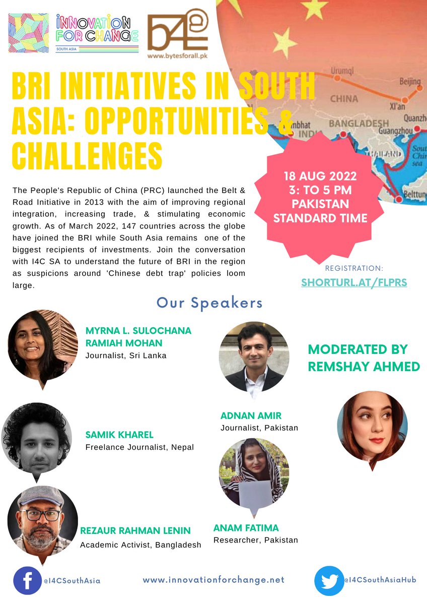 WatchBri's tweet photo. Have you registered yet? https://t.co/VCLzIu9v4R
Join us on the 18th of August for a panel discussion on #BRI Initiatives in #SouthAsia 
Joined by regional experts @rezalenin @iAdnanAamir @Schmuckraker,Myrna L Sulochana &amp; Anam Fatima https://t.co/89uZM1QfxI