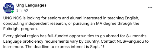 LanguagesUng's tweet photo. UNG NCS is looking for seniors and alumni interested in teaching English, conducting independent research, or pursuing an MA degree through the Fulbright program. https://t.co/88AO14Q3tE