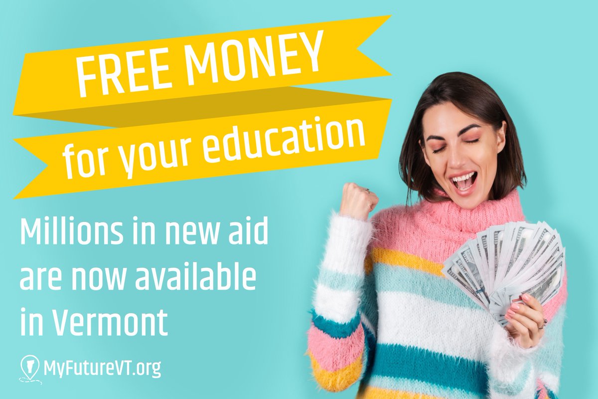 advancevt's tweet photo. Money may not grow on trees... but it can be free!

We compiled a list of all the new financial aid dollars available to Vermont students by the state and philanthropic donors: https://t.co/yq8lyHVcLp #VTed #vtCTE https://t.co/DLn5iKIHra