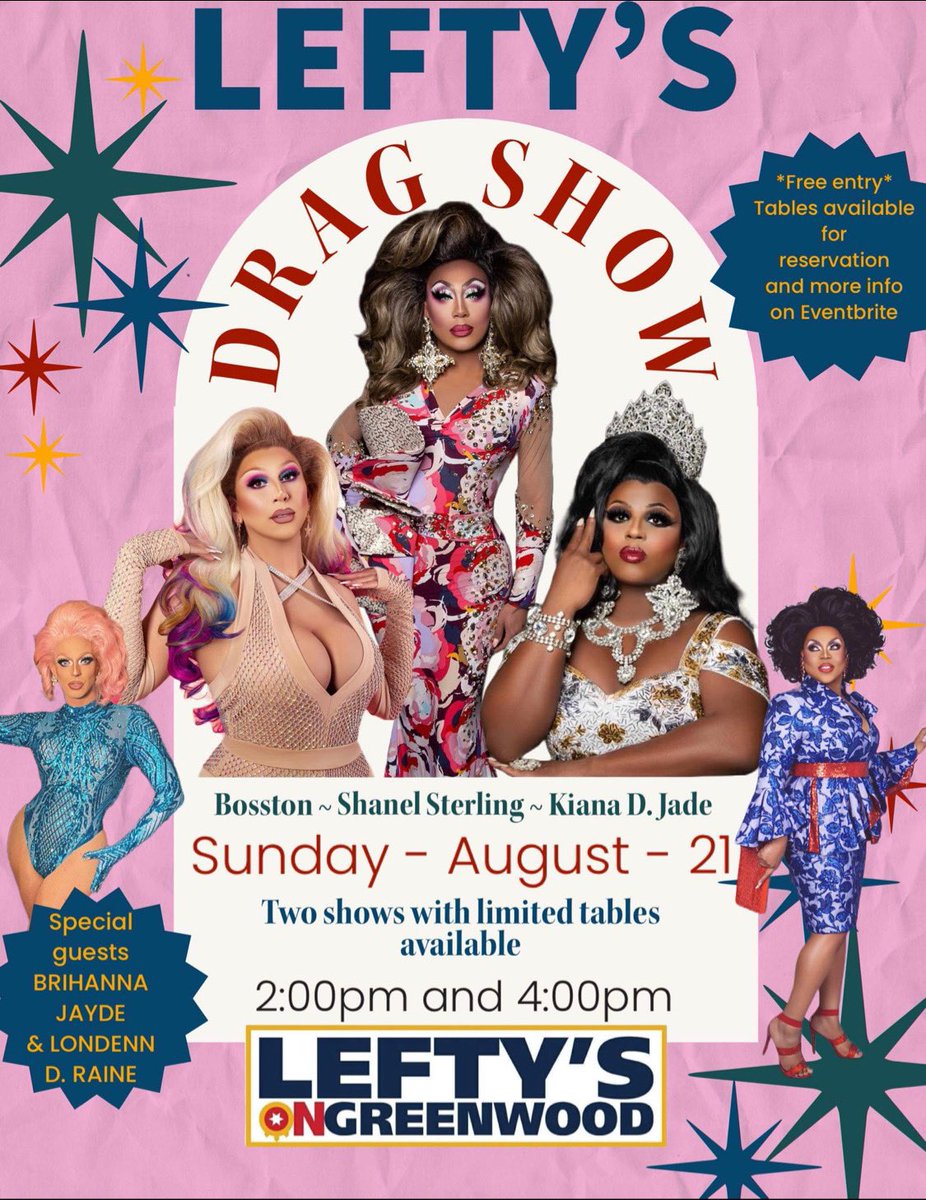 GreenwoodLeftys's tweet photo. 🌈Proud🌈 to be hosting our 2nd Drag Show! Sunday August 21st! Get your tickets at https://t.co/QQRpZ5yoQD! 🪩💃🏻

Tony, Brenda, and Jalen will be behind the bar! https://t.co/hNR8j3cgMk