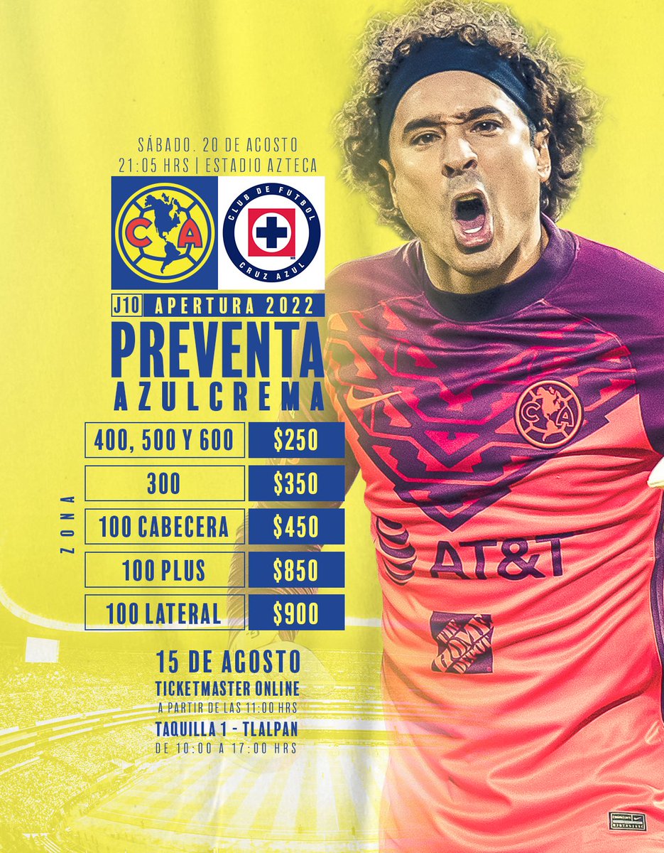 ClubAmerica's tweet photo. 𝙿𝚛𝚎𝚟𝚎𝚗𝚝𝚊 𝙴𝚡𝚌𝚕𝚞𝚜𝚒𝚟𝚊 𝙰𝚣𝚞𝚕𝚌𝚛𝚎𝚖𝚊
¡Vamos al @EstadioAzteca!💛

🏟| 𝐀𝐦é𝐫𝐢𝐜𝐚 𝐯𝐬 𝐂𝐫𝐮𝐳 𝐀𝐳𝐮𝐥
🗓| 15 de agosto
💻| Online 11:00 AM
🎟️ | Taquilla 1 (Explanada de Tlalpan) 10:00 a 17:00 horas https://t.co/htj0jH3byI