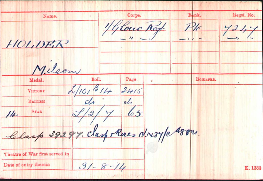 Returned the medals of 7247 Pte Milsom John Holder of West Dean to his family (grand-niece) this morning. Served with the 1st, 3rd and 7th Gloucestershires. Suffered a GSW to the head at the 1st Battle of Ypres. 1914 Star with clasp missing but will be replaced.